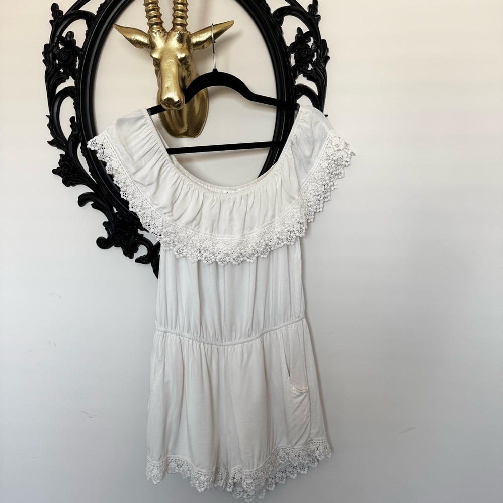 Others Follow Off White Lace Trim Off-Shoulder Romper